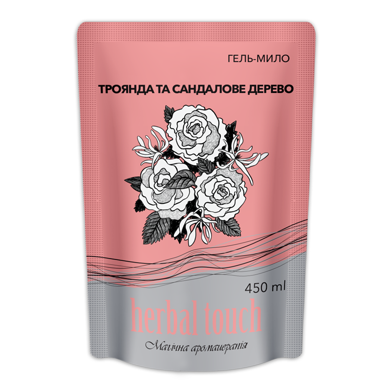 HERBAL TOUCH Гель-мило Троянда та Сандалове дерево 450мл (ДОЙ-ПАК)